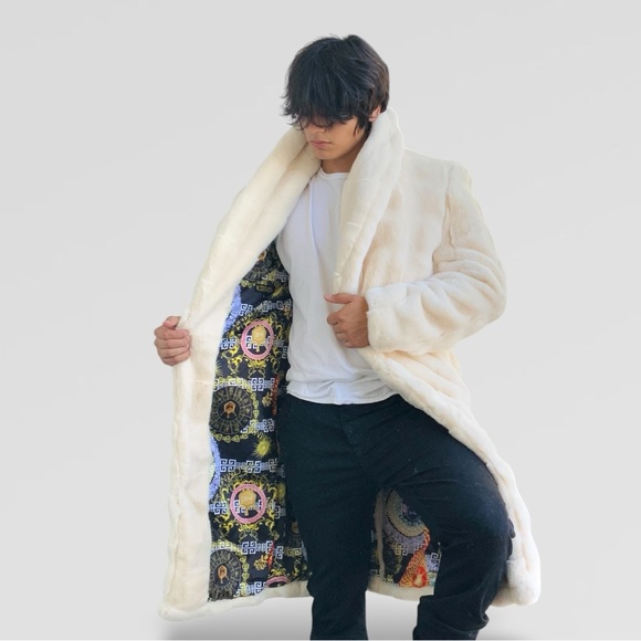 Men's Ivory Faux Fur Winter Casual Overcoat NWT